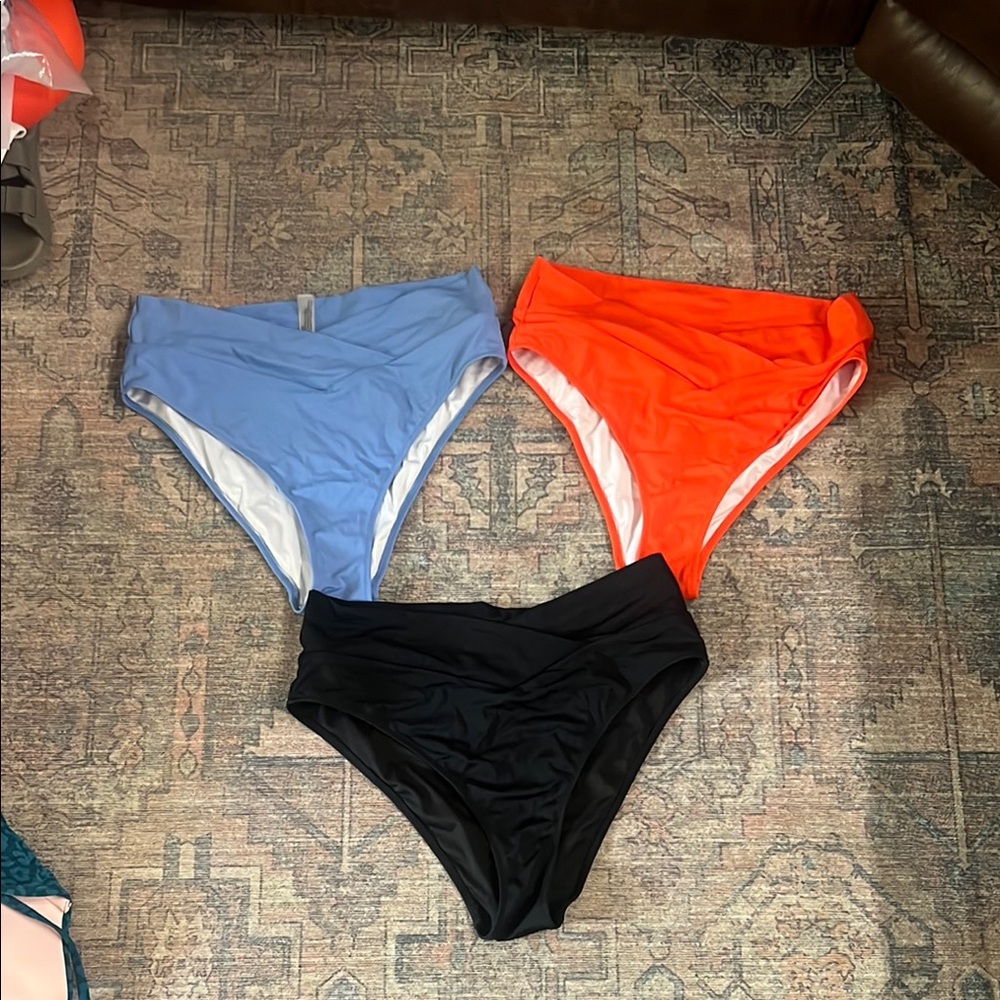 Set of Three High-Waisted Bikini Bottoms - Blue, Orange, Black